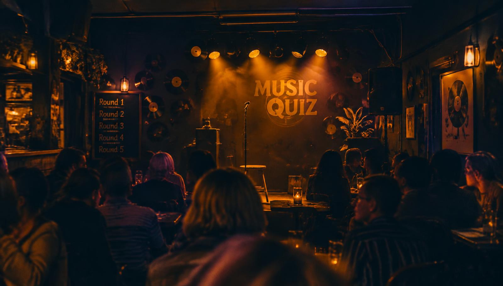 Publik på en musikquizkväll framför en scen
